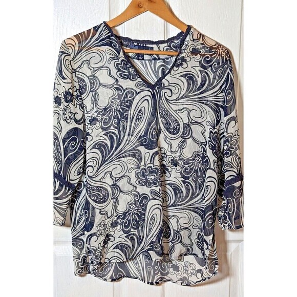 Susan Graver Sheer Top Print Navy And White Boho Bell Sleeve‎ Sz S Gauzy light - Picture 1 of 4